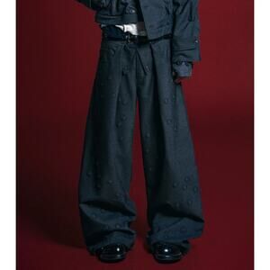 Bad son Pants Mens Medium Buttons Pleated Wide Leg Gray Baggy Y2K Avant Garde